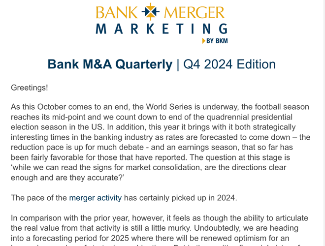 BKM Marketing - Bank Merger Marketing Bank M&A Quarterly Newsletter - Q4 2024